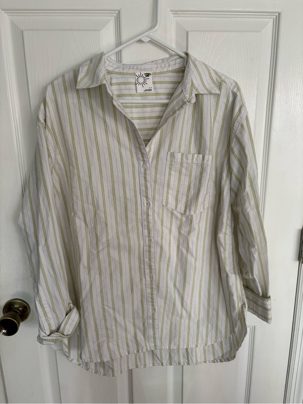 new aerie Light Green and White Striped Button-Down long sleeve Shirt